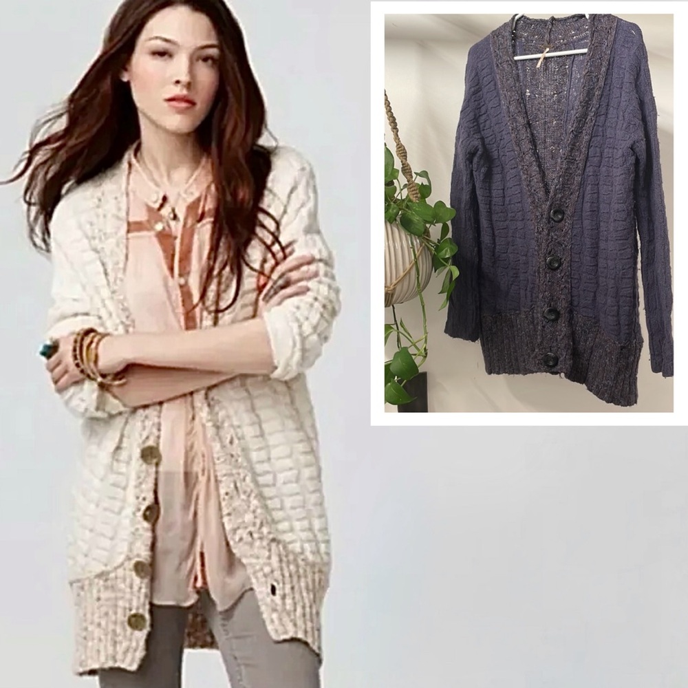 Free People Vintage Blue Bumpy Road Chunky Long Knit Cardigan Sweater | Size S